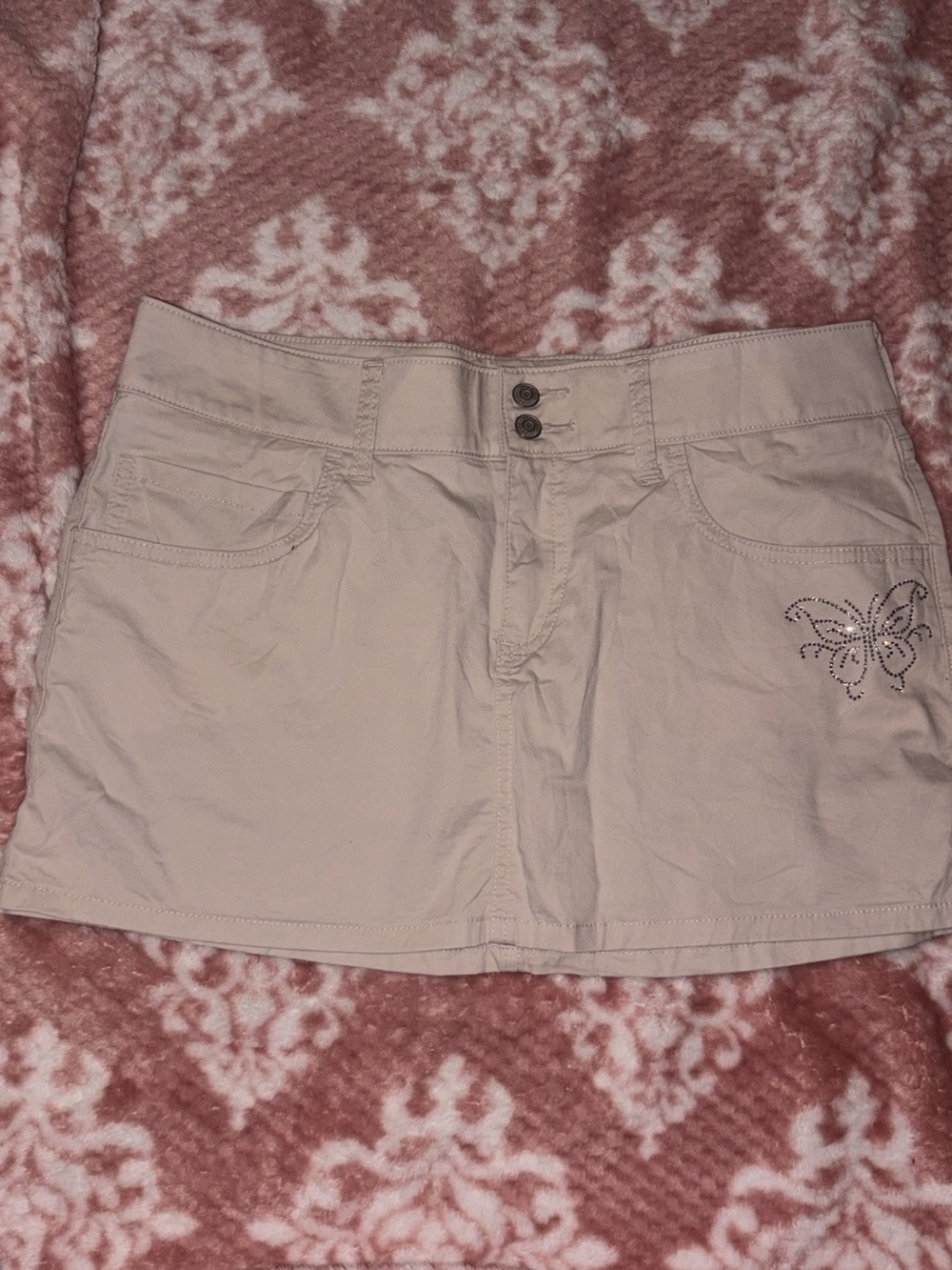Hollister Light Beige Mini Skirt with Rhinestone Butterfly